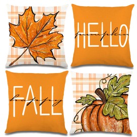YUJUN 4 PCS Fall Pillow Covers Decoration,20x20in Buffalo Plaid Farmhouse Pumpkin Maple Leaves Thanksgiving Fall Throw Pillows Cushion Case Couch Decor for Autumn Home Outdoor Decorations
