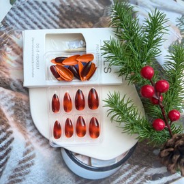 Fall Amber Press on Nails Almond Brown Fake Nails Medium False Nails with Designs Full Cover Acrylic Nails Autumn Glue on Nail Glossy Medium Artificial Thanksgiving Day Stick on Nail for Women