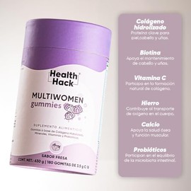 Health Hack Multi Women Gomitas Multivitamínico para Mujer, Sabor Fresa, con 27 Ingredientes, Vitaminas, Minerales, Mio-Inositol, Probióticos, Biotina