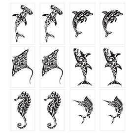 12 Sheets Temporary Tattoos for Men and Adults, Maori Stingray, Shark, Whale, Seahorse, Polynesian Tattoo Motifs, Hawaiian Fake Tattoos for Neck, Arms, Hands, Legs