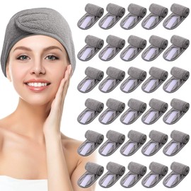 30 Paquetes Diademas de Spa Banda Facial de Maquillaje para Lavarse Cara Ducha Baño Deporte Envoltura Niñas Toalla Ajustable de Poliéster con Gancho y Bucle Antideslizante (Gris)