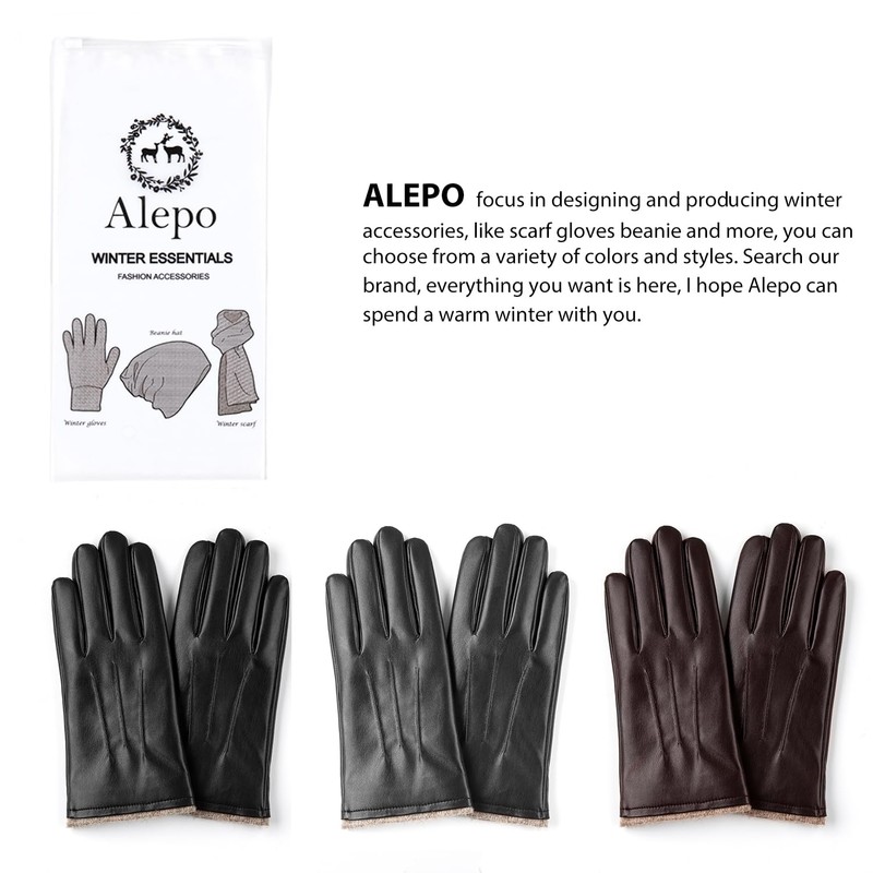 Winter PU Leather Gloves For Men, Warm Thermal Touchscreen Texting