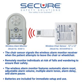 Secure Wireless Chair Alarm for Elderly Dementia Patients - 12" x 12" Wheelchair or Chair Sensor Pad, Patient Monitor w/ Alarm Pause & Delay - Chair Alarms and Fall Prevention for Elderly
