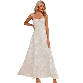 Kismissal Women's Elegant Wedding Guest Dress Spaghetti Straps Floral Sleeveless Formal Dress Maxi Evening Party White