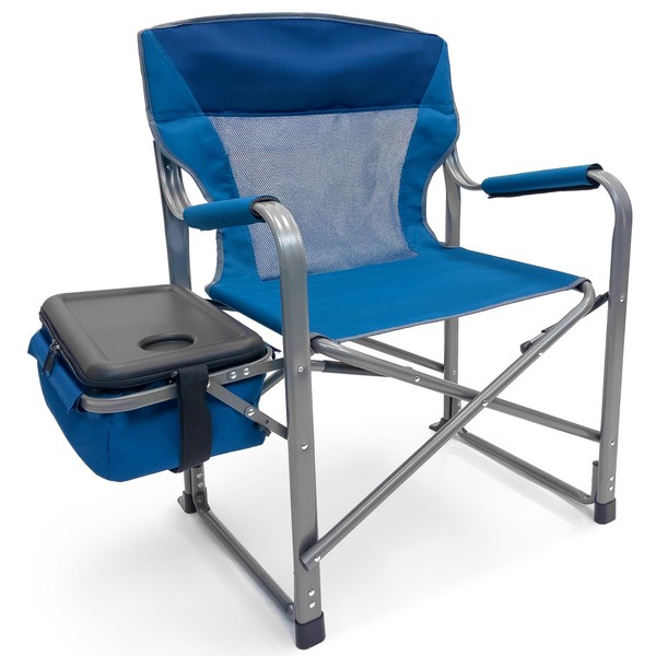 RMS XXL Extra Wide Folding Director Chair – Supports 600lbs Weight - Heavy Duty for Camping, Home Patio and Sports - Portable and Collapsible with Side Table, Cooler and Carrying Bag - Blue