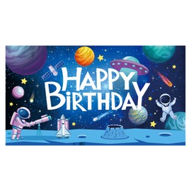 5.9x3.28ft Space Happy Birthday Backdrop, Outer Space Banner Astronaut Rocket Birthday Sign Planet Theme Background Decorations Photo Studio Props Party Supplies for Boys Kids