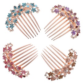 FRCOLOR 4pcs Rhinestone Flower Hair Combs Elegant Metal Hair Clips Light Purple Sky Blue Pink for Weddings Parties Daily Wear