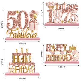 Yatufom 4 Pieces 50th Birthday Vintage 1975 Wooden Table Centerpieces Decoration for Women, Pink Rose Gold Happy 50 Birthday Table Sign Party Supplies, Hello Fifty Year Old Bday Table Decor