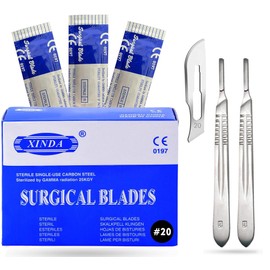MuskalMed Pack of 100 Blades #20, Scalpel Blades for Knife Scalpel, High Carbon Steel Dermablade Blades. Individually Wrapped, Sterile + Free 2 Handle #4
