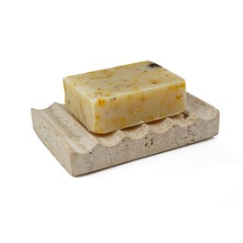 Shonmogar Natural Travertine Soap Dish, Draining Soap Dish for Shower, Stone Bar Soap Holder with Feets,Gorgeous for Soap Tray for Bathroom Shower Kitchen Counter Sink, Beige