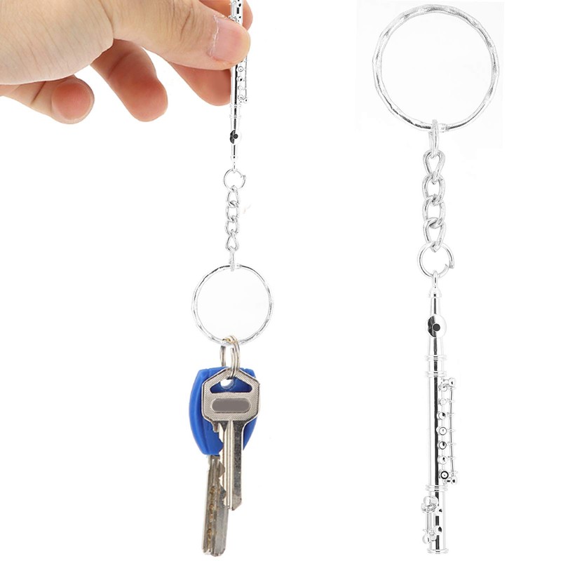 Flute Design Keyring Musical Instrument Ornament Silver Colour for Wallet,