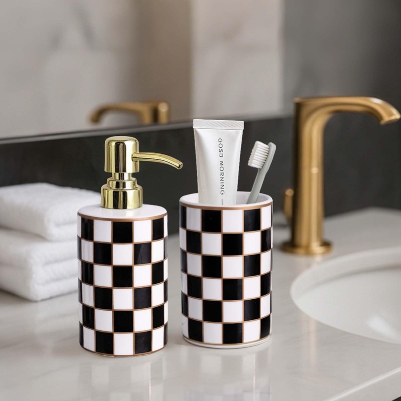 Bathroom Toothbrush Holder Set, Ceramic Checkered Soap Dispenser and Tooth