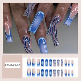 Square Press on Nails Long Blue Ombre Fake Nails with Design French Tips Nail Glue on Nails Glossy Acrylic Nails Press ons Cute False Nails for Women Manicure 24pcs
