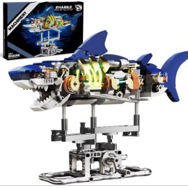 JXD Ideas Mechanical Shark Building Set with Display Stand and Light, Marine Animal with Linkage Function, for Adults ChildrenColor: Blue
