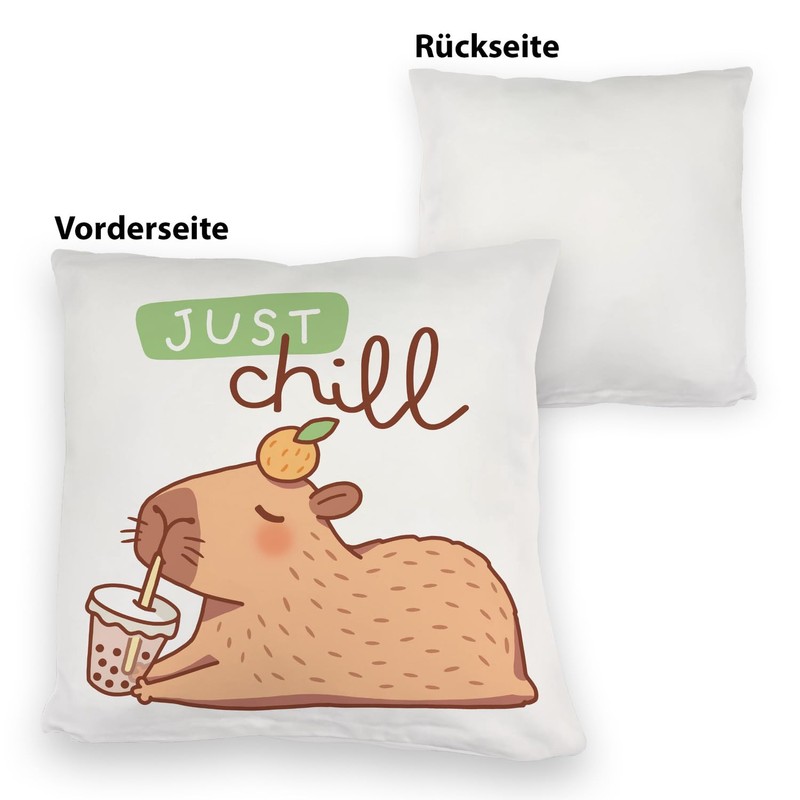 Capybara with Bubble Tea Cuddly Cushion with Saying Just Chill
