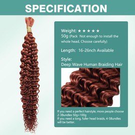 Deep Wave Bulk Human Braiding Hair 50g 20 Inch Color 350 Human Braiding Hair for Boho Braids 1 Bundle/Pack No Weft 100 Percent Brazilian Human Braiding Hair Extensions for Micro Braiding