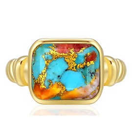 Phyonio Women's 14K Gold Plated Statement Rings Emerald Cut Spiny Oyster Turquoise Signet Ring Stainless Steel Chunky Gold Rings Band Size 10