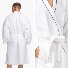Texere Men's Modal Cotton Kimono Luxury Resort Robe with Quilted Design; Front Tie Bathrobe with Pockets, Absortbent Spa and Pool Wear (White, M)