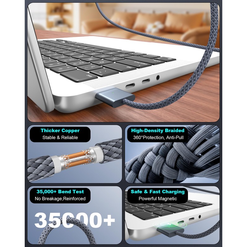 140W USB-C to MagSafe 3 Fast Charging Cable 6.6FT Braided