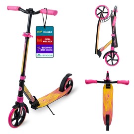 Outdoor Cruiser Kick Scooter for Ages 6+, for Kids, Teens, and Adults, Max Load 250 LBS, Foldable, 8-inch Big Wheels, Dual Suspension, 3 Adjustable Levels, Child Safety Approved, Yellow and Pink