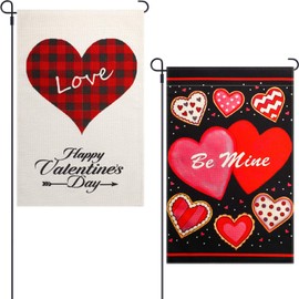 2 Pieces Valentine's Day Garden Flag Buffalo Plaid Love Heart Pattern Yard Flag Double Sided Holiday Flags for Valentine's Day Outdoor Garden Decoration, 12 x 18 Inches