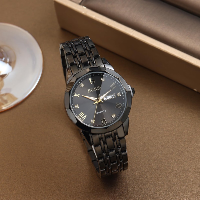 BUREI Herrenuhr Simulation Quarz Band Diamant Edelstahl Uhr Kalender Datum