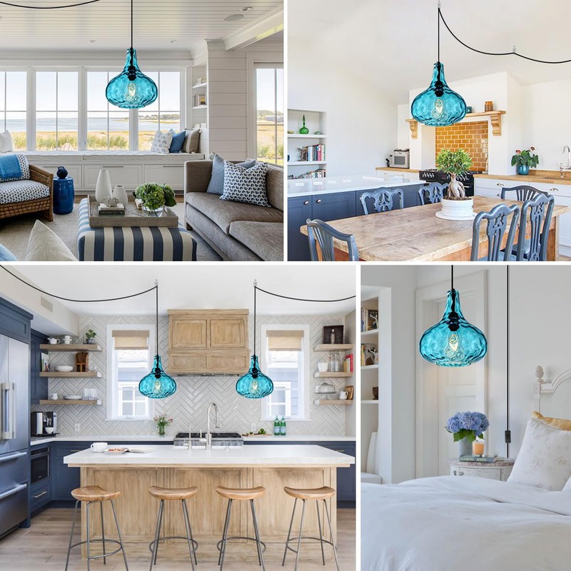 Qufute Mid-Century Modern Plug in Pendant Light Fixture,Blue Glass Pendant