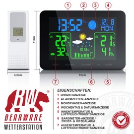 CSL Wireless Weather Station with Colour Display and Outdoor Sensor, Indoor and Outdoor Temperature, Touch Buttons, Barometer with Air Pressure Height Compensation, Frost Alarm, 2 Alarm Alarms, LCD