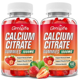 2 Pack Calcium Citrate Gummies, Sugar Free Calcium Citrate 1000mg for Muscle Healthy, Absorption Calcium Supplements for Adults & Kids, Strawberry, 120 Count
