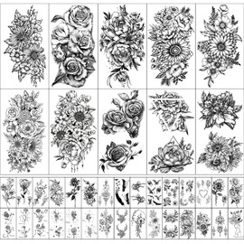 Kaieteur, temporary tattoos, 40 sheets, flowers and animal collection, waterproof, fake tattoos for women and girls