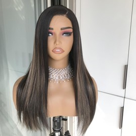 mytonecoo Dark Brown Wig with Blonde Highlight Synthetic Lace Front Wig Wear and Go Glueless Wig for Women Pre Cut Pre Plucked for Beginner Layered Straight Side Part 18 Inch