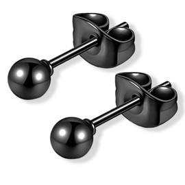 swars Earrings, Men's, Women's, Surgical Stainless Steel, Hypoallergenic Metal, Round Ball, For Both Ears, Set of 2 (Black, 0.2 inches (4 mm))