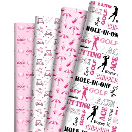 Golf Wrapping Paper 12 Sheets Sports Wrapping Paper Pink Golf Themed Gift Wrap Paper with Golf Clubs Golf Balls Carts Design for Women Sports Party Birthday Mother's Day Holiday,20×28inch (Golf)