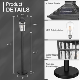 Darkaway Solar Post Light ，Outside Floor Lamp with Remote Control, Waterproof Outdoor Solar Lighting with Water Ripple Glass Shade for Lawn Pool Garden