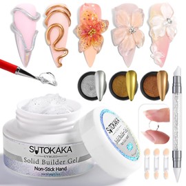 SUTOKAKA Solid Builder Gel for Nails, 60g Clear 3D Sculpting Modeling Carving Non-Sticky Hand Hard Gel Nail Extension Glue with Chrome Powder and Silicone Sculpture Pen Nail Art Salon Home DIY