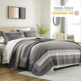 Finlonte Queen Size Quilt Set, Farmhouse Striped Queen Comforter, Cotton Quilted Bedspread, Gray Brown Beige White Lightweight Reversible Quilt Bedding Set for All Season, 3-Piece