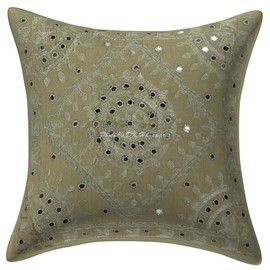 DK Homewares Indian Ethnic Cotton Cushion Covers 40 cm x 40 cm Light Green Mirrored Embroidered Sofa Decorative Cushion Covers 40 x 40 cm Square Chair Seat Cushion Covers (Set of 5)