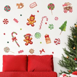 fufuquare Christmas Wall Stickers with Peppermint Candy Cane, Gingerbread Man, Xmas Wall Decor Removable Wall Arts for Living Room, Nursery, Café
