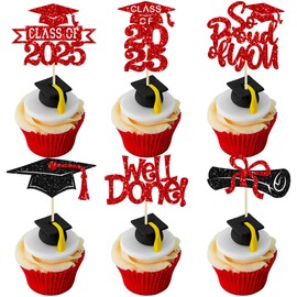 Gyufise 24Pcs Congrats Grad 2025 Cupcake Toppers Glitter 2025 Graduation Done Diploma Cupcake Picks Class of 2025 Cupcake Decorations for 2025 Graduation Theme Party Supplies Red