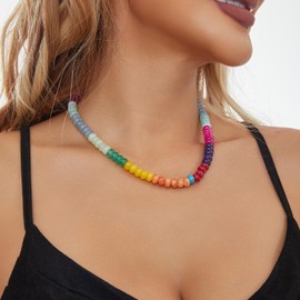 Handcrafted Boho-Inspired Beaded Gemstone Necklace for Women, Colorful Natural Stone Choker Necklace, Freshwater Pearl, 18K Gold Plated, Summer Bohemia Jewelry (Rainbow-03)