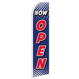 Now Open Blue & White Swooper Advertising Flag - Perfect for Store Fronts, Businesses, Retailers, Shops, Events, Restaurants