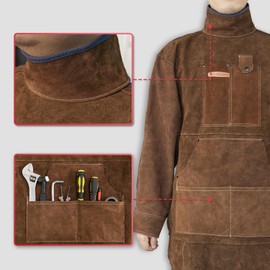 YESWELDER Leather Welding Apron with Sleeve and 6 Pockets, Heat Flame Resistant Cowhide Welder Apron, Brown, Large