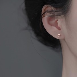 Reffeer Solid 925 Sterling Silver Open Heart Earrings Stud for Women Teens Cute Heart Stud Earrings Hypoallergenic (C-Rose Gold)