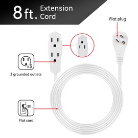 GE 3-Outlet Flat Extension Cord 8 Ft Grounded Extension Cord with Multiple Outlets 3 Prong Outlet Extender Flat Plug Indoor Power Strip 16 Gauge UL Listed White 50251