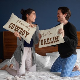 CarOptics Set of 2 Western Funny Couple Pillow Covers 12x20 Inch - 'Howdy Cowboy' & 'Hello Darlin'', Teen Girls Boys Gifts, Rustic Farmhouse Charm for Various Settings(Beige)