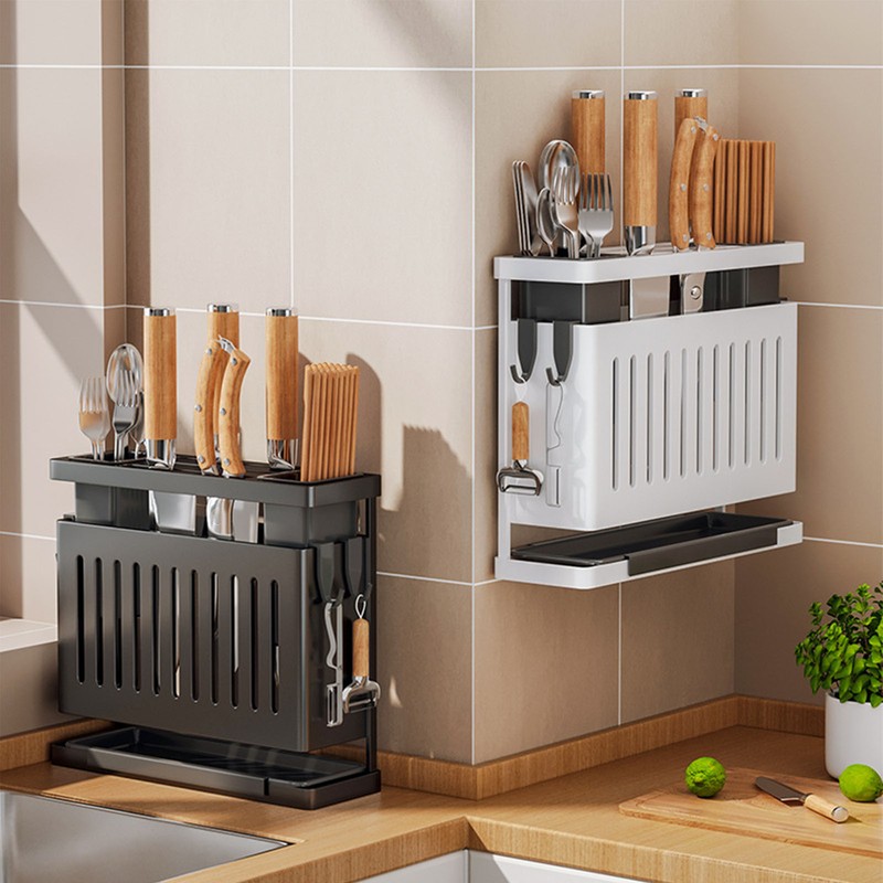 Kitchen Knives Chopstick Rack with Draining Tray Wall Mounted Multifunctional
