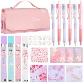 Crtiin Juego de 74 piezas de papelería Kawaii con diseño de flor de cerezo, bolsa de lápices japonesa Kawaii, lápiz mecánico, borradores de cereza, re