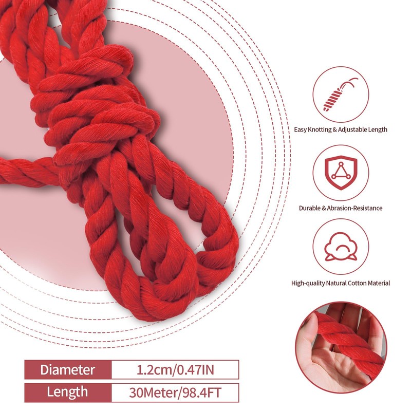 Red Cotton Rope 1/2 Inch x 100 Feet Natural Thick
