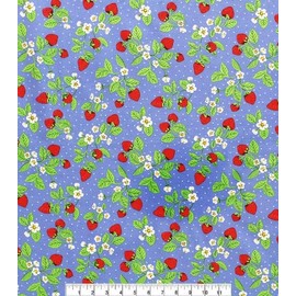 Fat Quarter - Strawberry Theme 18" inch x 21" inch - 100% Cotton Fabric ~ Strawberries of a Blue dot Background