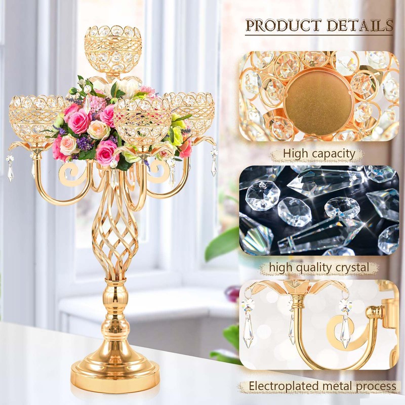 Crystal Candelabra Centerpiece, 5-Light Gold Metal Stand with Hanging Crystals,